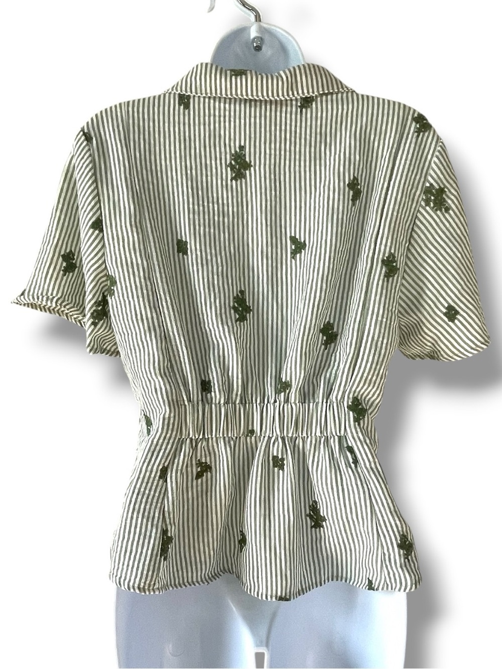 FIG + FLOWER Green Striped Embroidered Peplum Blouse Cottagecore Coastal Button - Picture 7 of 9